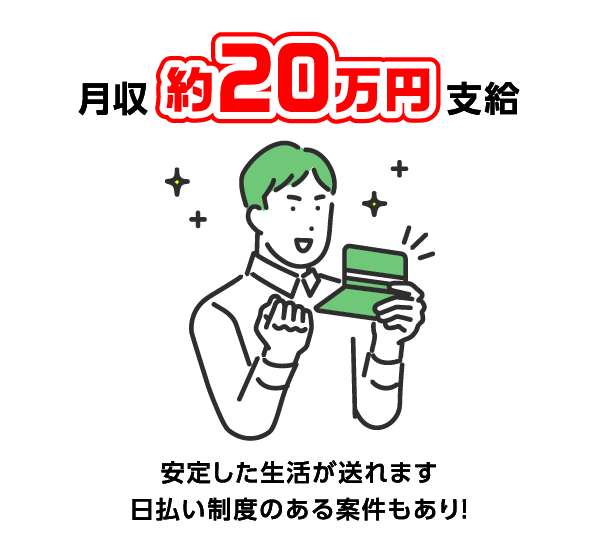 月収約20万円支給 安定した生活が送れます 日払い制度のある案件もあり！