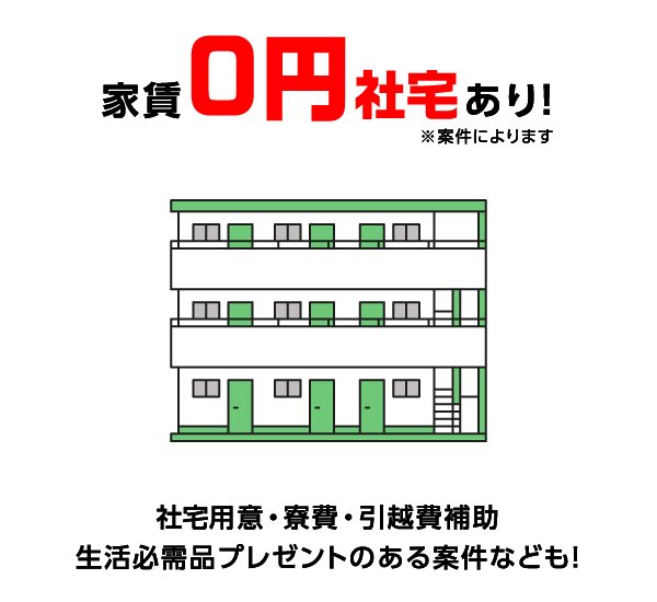 家賃0円社宅あり！ ※案件によります 社宅用意・寮費・引越費補助 生活必需品プレゼントのある案件なども！