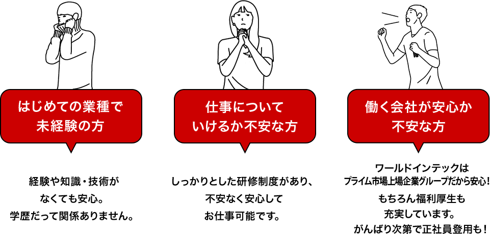 はじめての業種で未経験の方　仕事についていけるか不安な方　働く会社が安心か不安な方